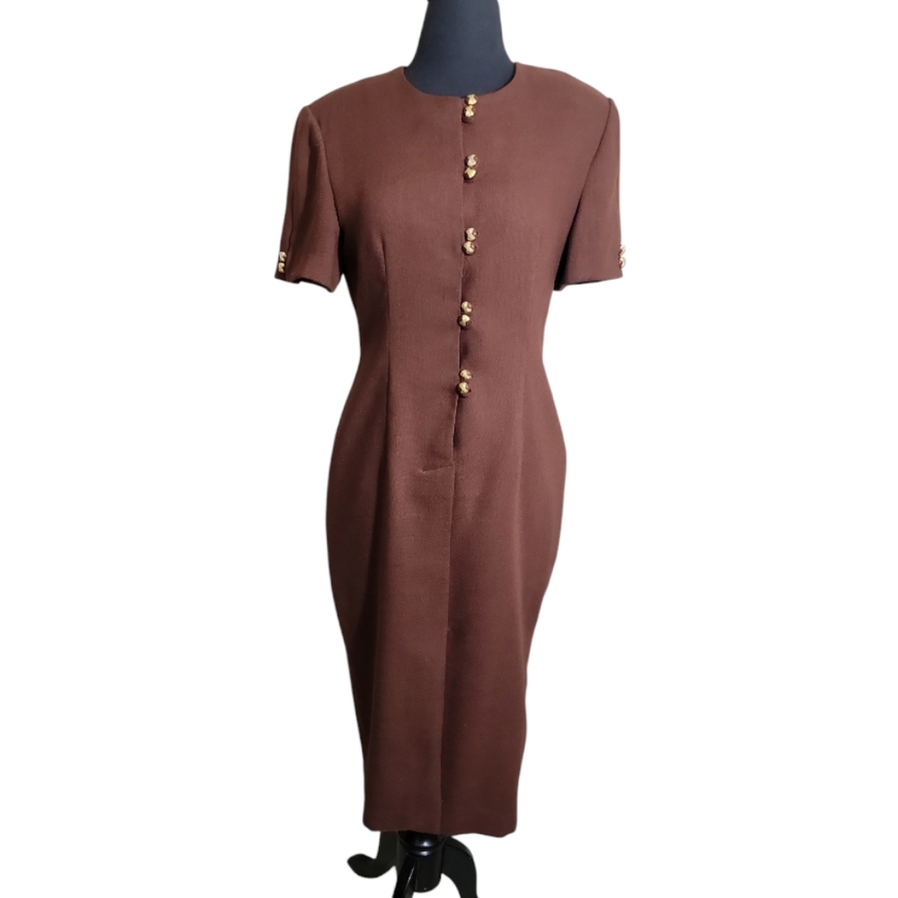 Petite Sophisticate vintage brown sheath dress gold buttons detail women's 10P